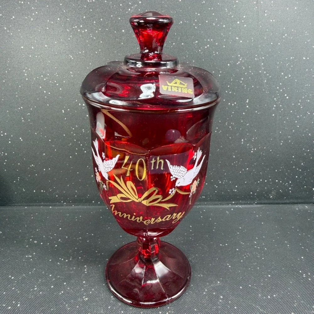 Viking Glass Ruby Red 40th Anniversary Candy Dish with Lid Doves Vintage 9 inch